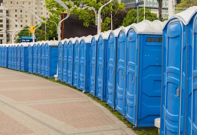 a fleet of portable restrooms ready for use at a large outdoor wedding or celebration in Carrollwood